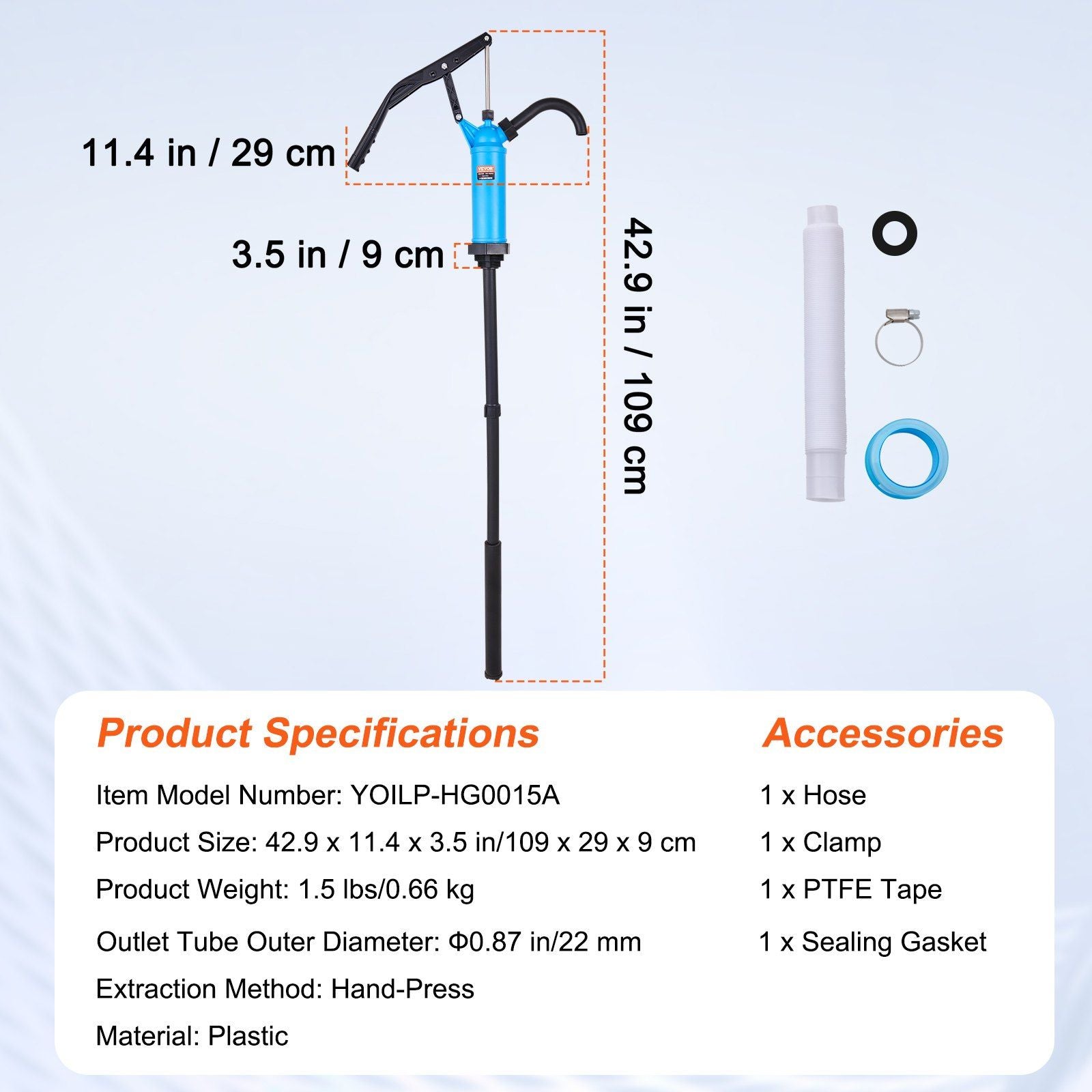 VEVOR Drum Pump, 9.5 oz. Per Stroke, Lever-Action Barrel Pump, Fits 5-55 Gallon Drums with 3-Section Suction Tube Assembly & Hose, Hand Operated, Designed to Transfer Water, Alcohol, Corrosive Liquids - JM Variety Store